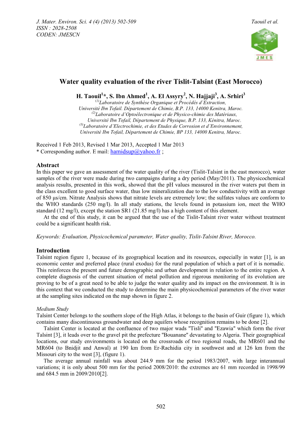 Water Quality Evaluation of the River Tislit-Talsint (East Morocco)