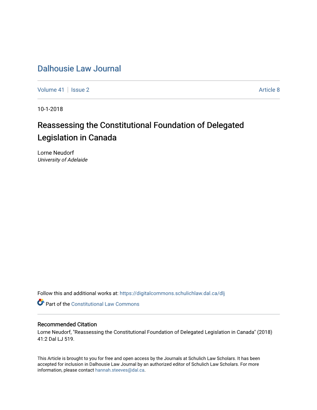 Reassessing the Constitutional Foundation of Delegated Legislation in Canada