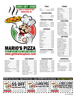 Pizza Sicilian Pizza Specialty Pizzas Toppings Steaks Cold