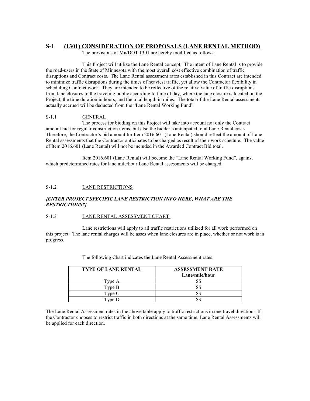 S-1 (1301) Consideration of Proposals (Lane Rental Method)