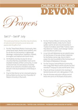 CHURCH of ENGLAND DEVON Prayers Sat 1St – Sat 8Th July