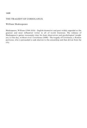 1608 the TRAGEDY of CORIOLANUS William Shakespeare