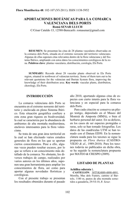 APORTACIONES BOTÁNICAS PARA LA COMARCA VALENCIANA DELS PORTS Romà SENAR LLUCH C/César Cataldo 13, 12580-Benicarló