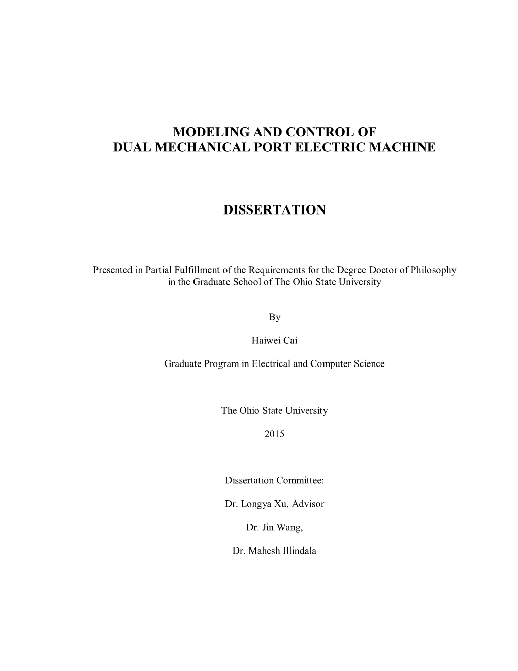 Modeling and Control of Dual Mechanical Port Electric Machine