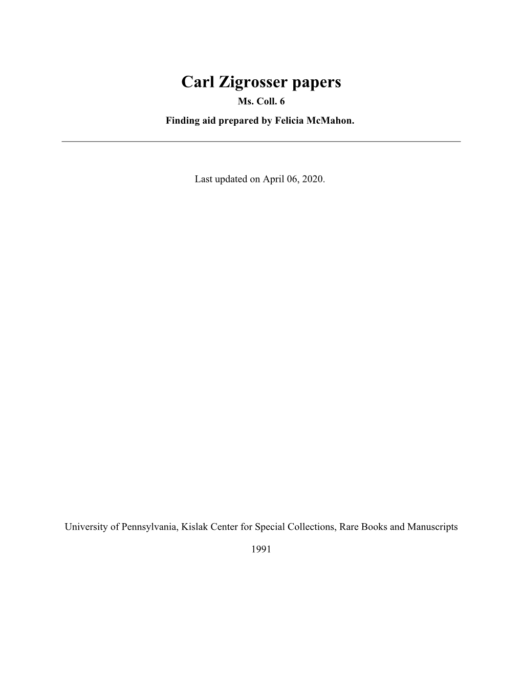Carl Zigrosser Papers Ms