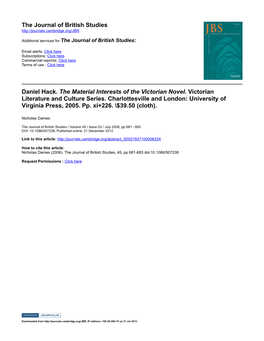 The Journal of British Studies Daniel Hack. the Material Interests of The