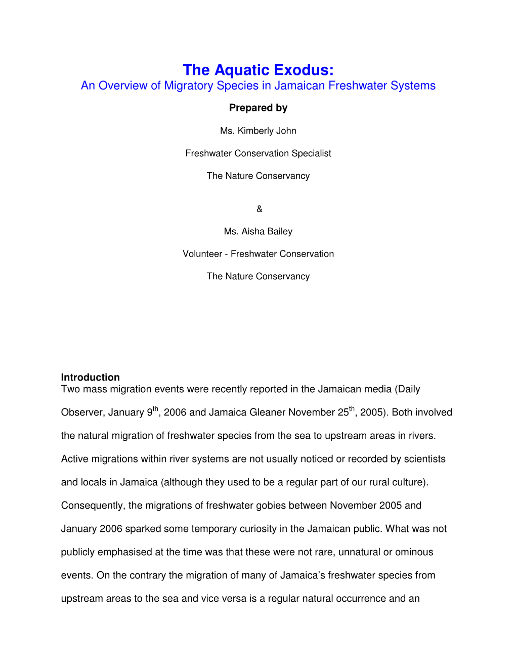 The Aquatic Exodus: an Overview of Migratory Species in Jamaican Freshwater Systems