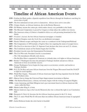 Timeline of African American Events 1539—Esteban the Black Guides a Spanish Expedition from Mexico Through the Southwest Searching for Seven Cities of Gold
