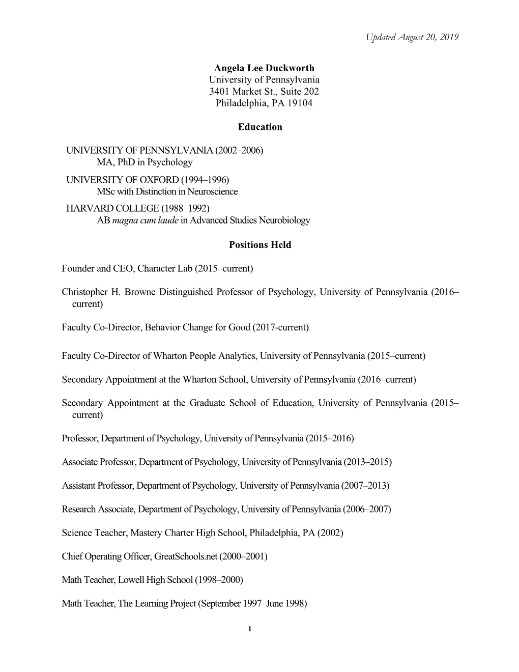 Updated August 20, 2019 Angela Lee Duckworth University Of