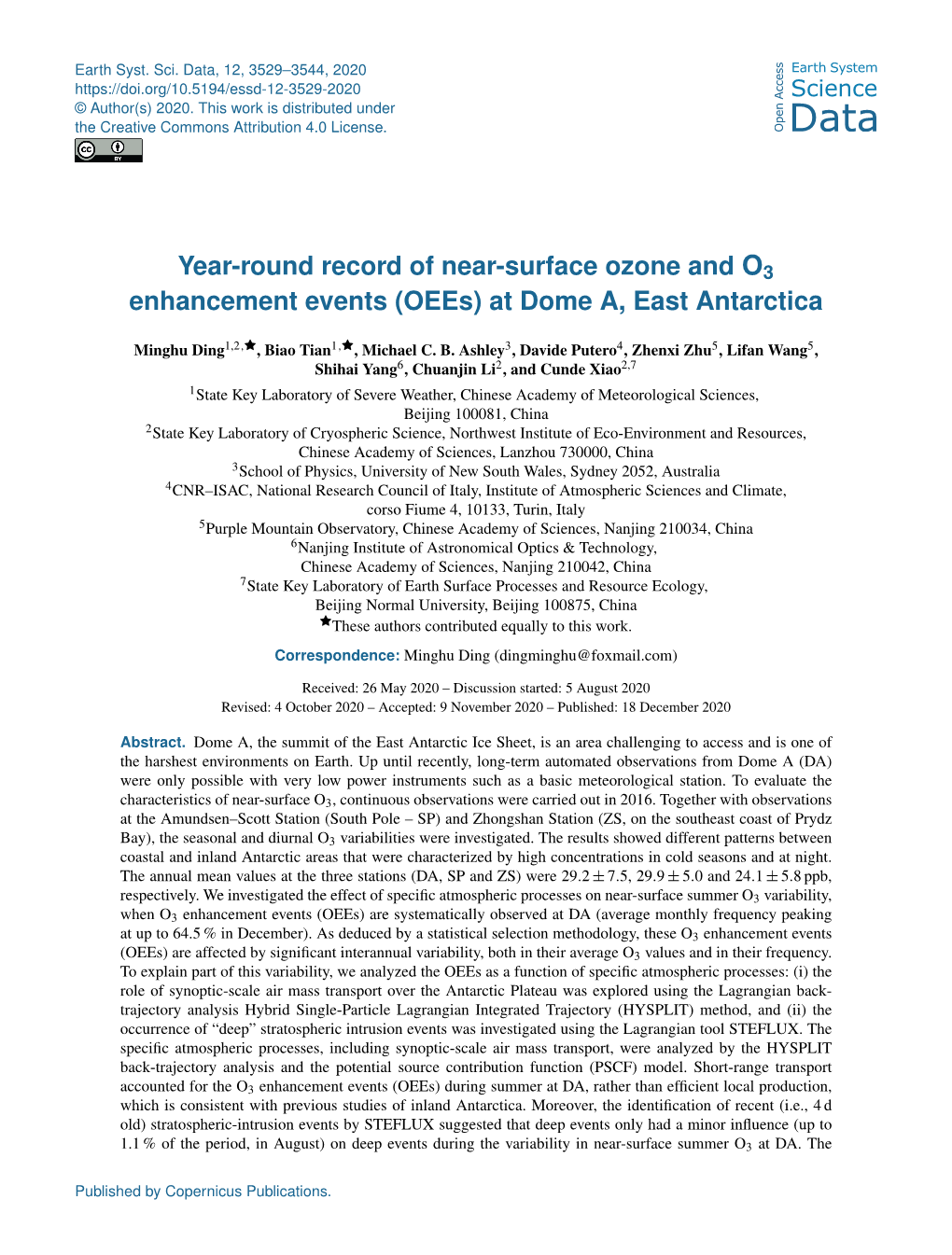 Year-Round Record of Near-Surface Ozone and O3 Enhancement Events (Oees) at Dome A, East Antarctica