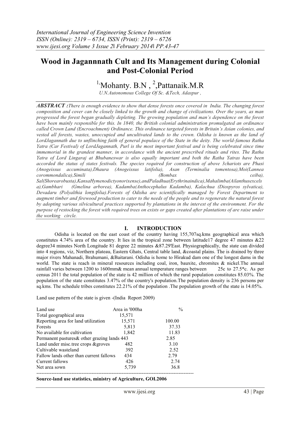 Wood in Jagannnath Cult and Its Management During Colonial and Post-Colonial Period