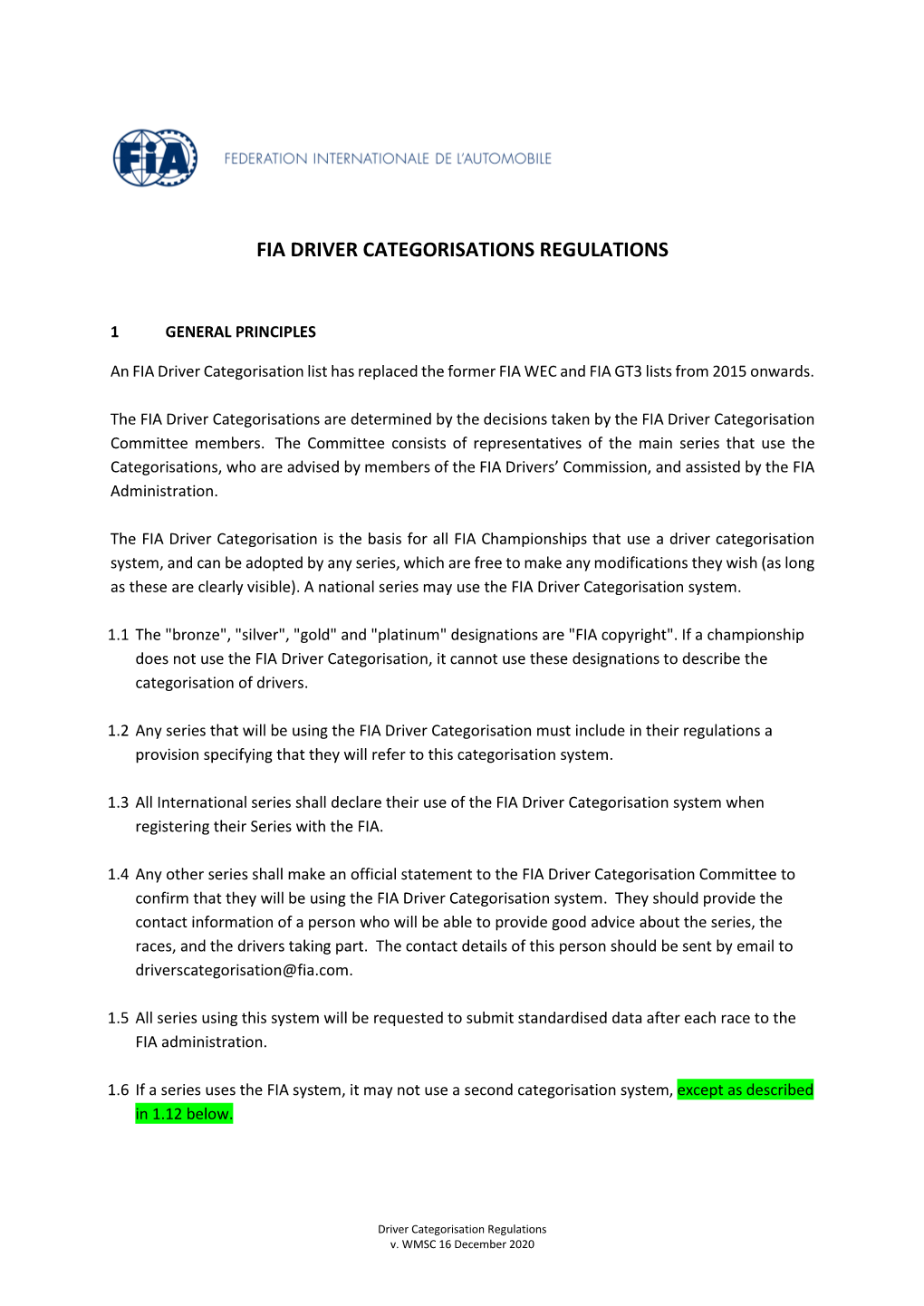 Fia Driver Categorisations Regulations