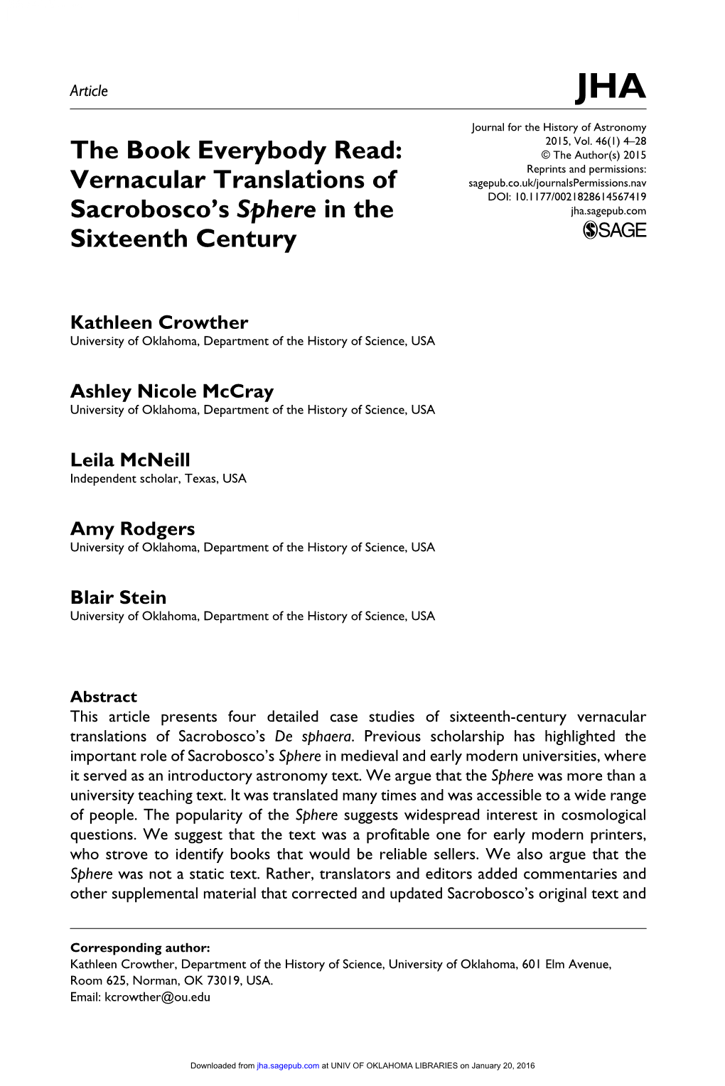 Vernacular Translations of Sacrobosco's Sphere in the Sixteenth Century