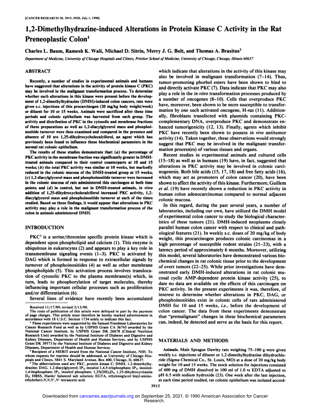 1,2-Dimethylhydrazine-Induced Alterations in Protein Kinase C Activity in the Rat Preneoplastic Colon1