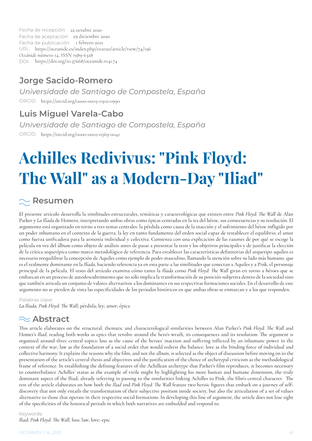 Achilles Redivivus: "Pink Floyd: the Wall" As a Modern-Day "Iliad"