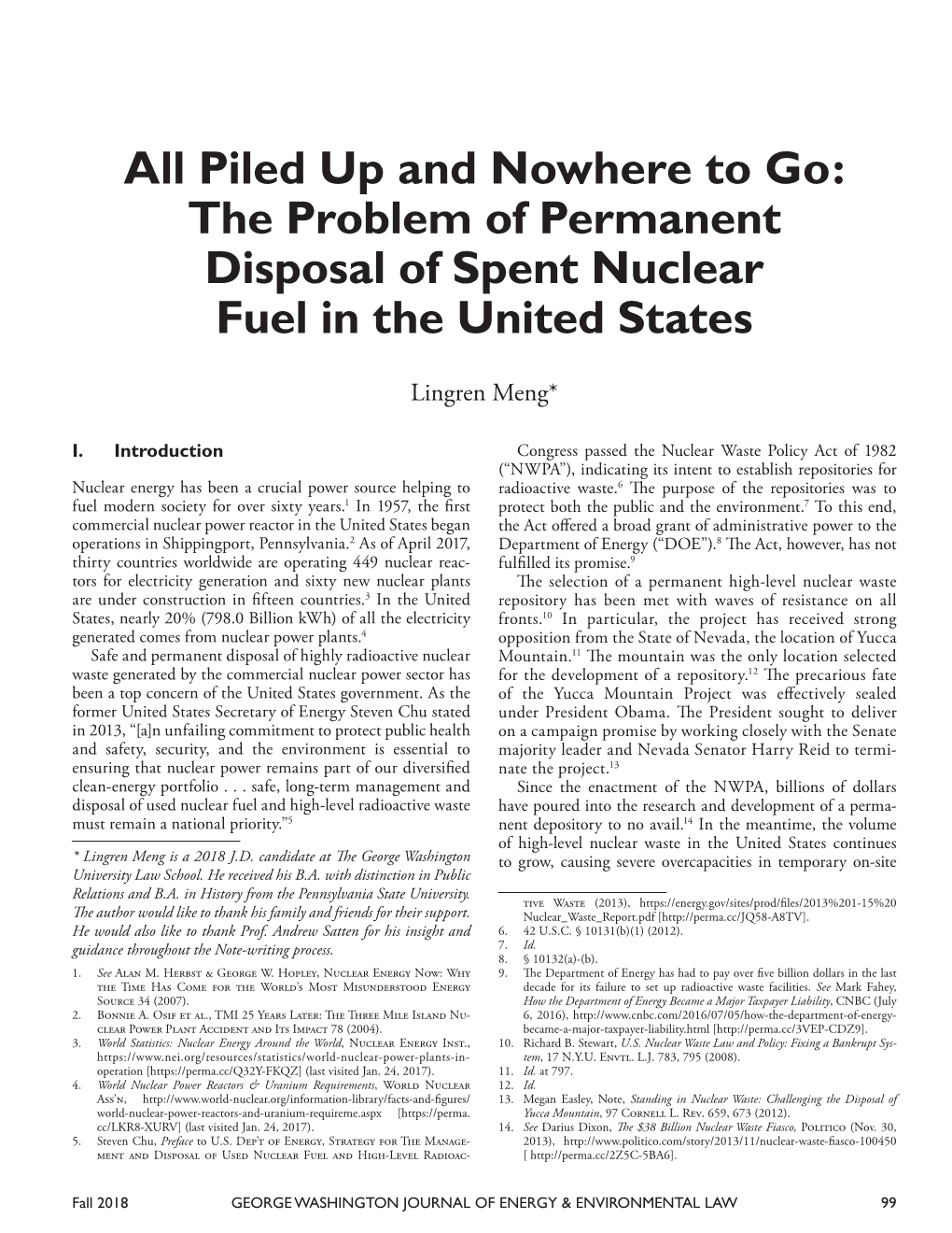 The Problem of Permanent Disposal of Spent Nuclear Fuel in the United States