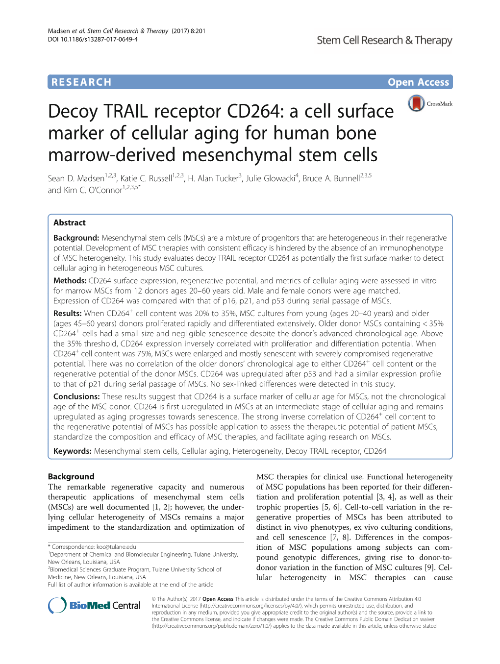 Decoy TRAIL Receptor CD264: a Cell Surface Marker of Cellular Aging for Human Bone Marrow-Derived Mesenchymal Stem Cells Sean D