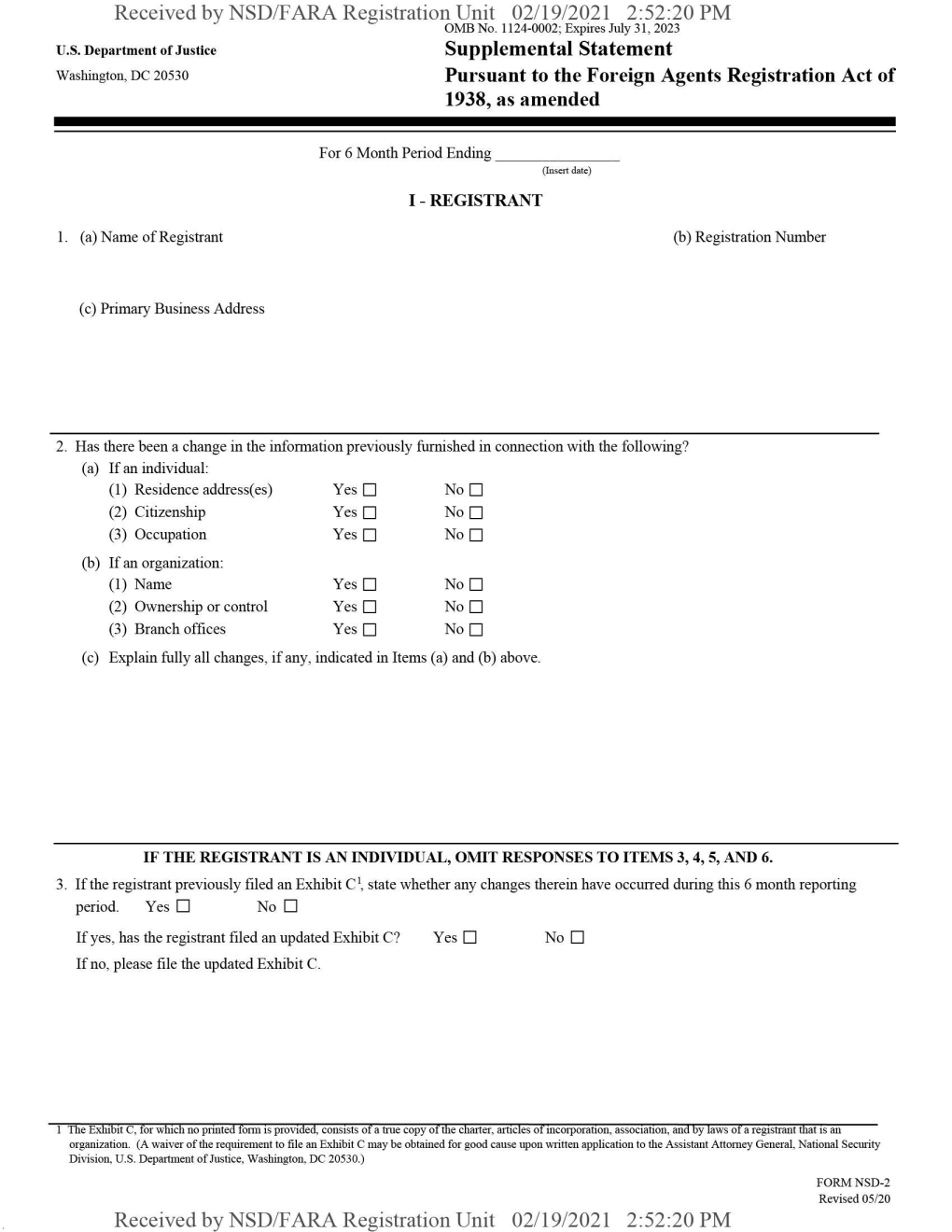 Supplemental Statement Washington, Dc 20530 Pursuant to the Foreign Agents Registration Act of 1938, As Amended