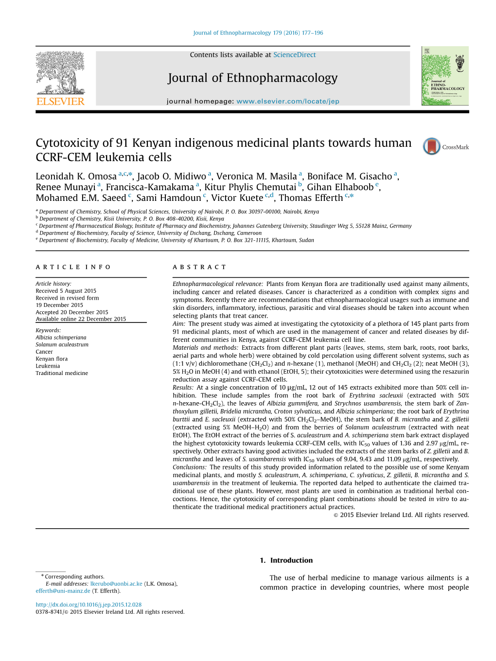 Cytotoxicity of 91 Kenyan Indigenous Medicinal Plants Towards Human CCRF-CEM Leukemia Cells