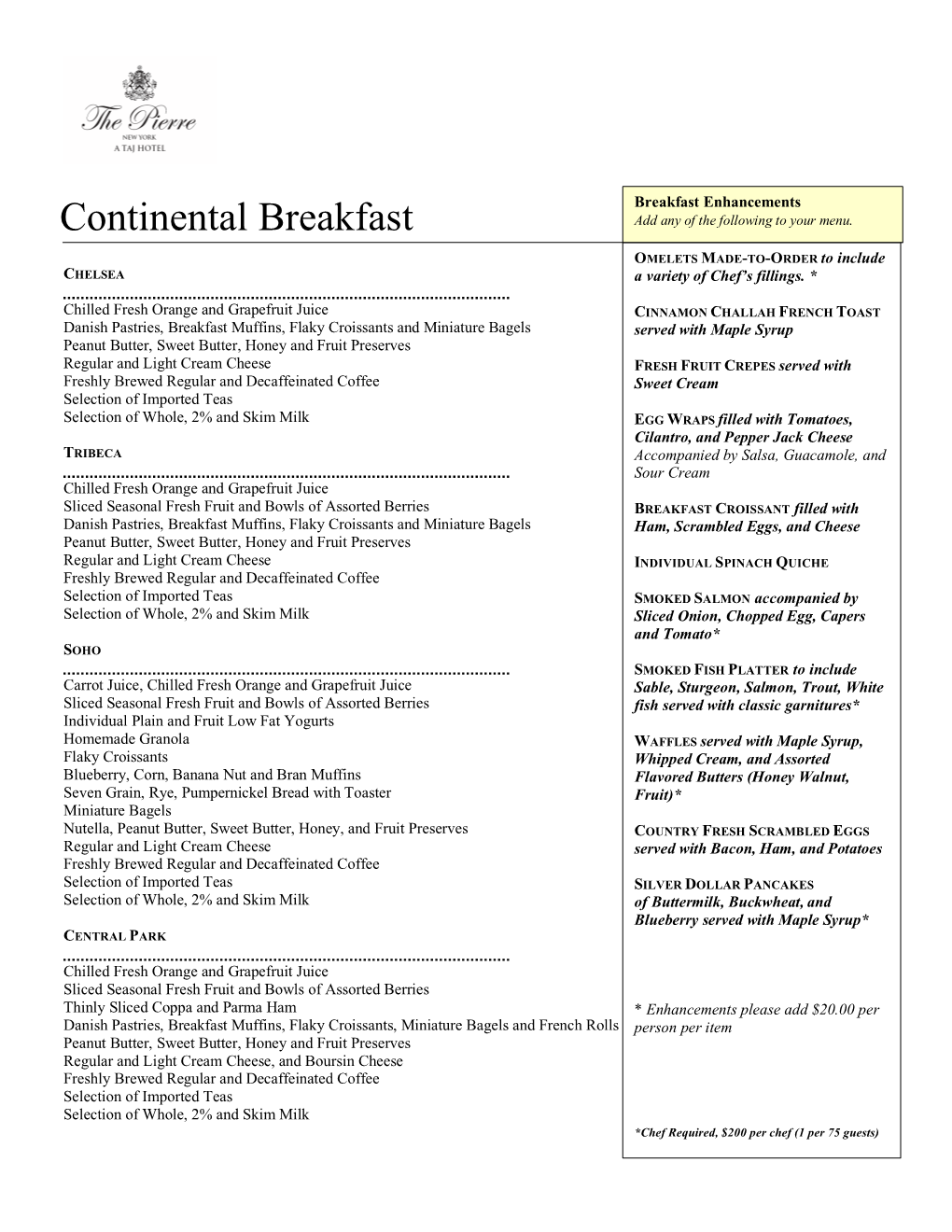 Continental Breakfast Add Any of the Following to Your Menu