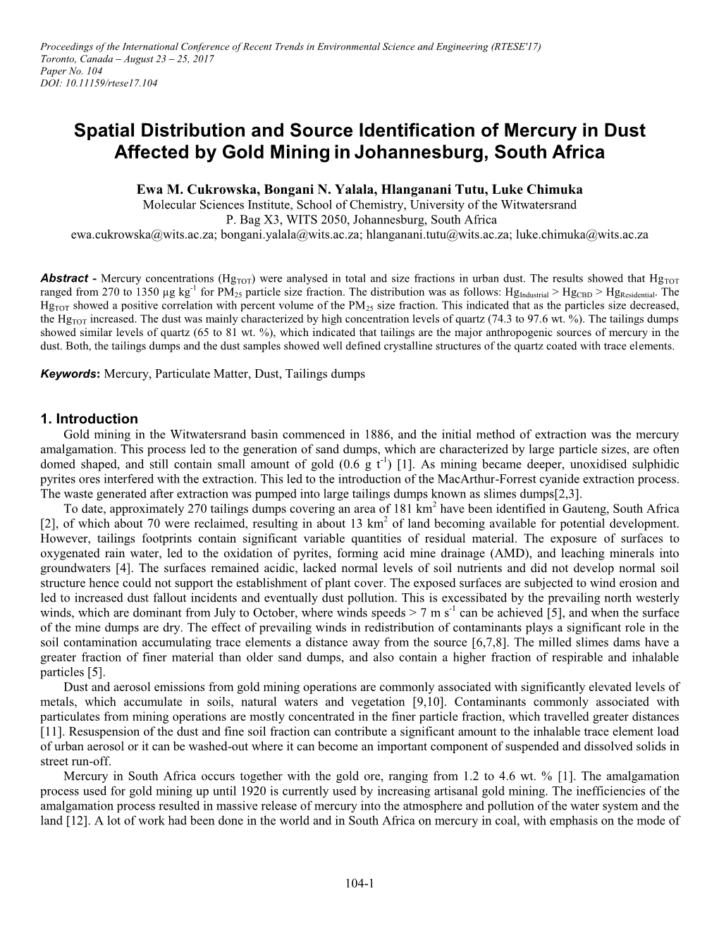 Spatial Distribution and Source Identification of Mercury in Dust Affected by Gold Mining in Johannesburg, South Africa