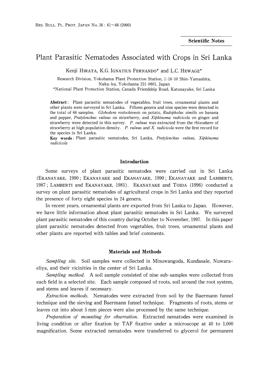 Plant Parasitic Nematodes Associated with Crops in Sri Lanka