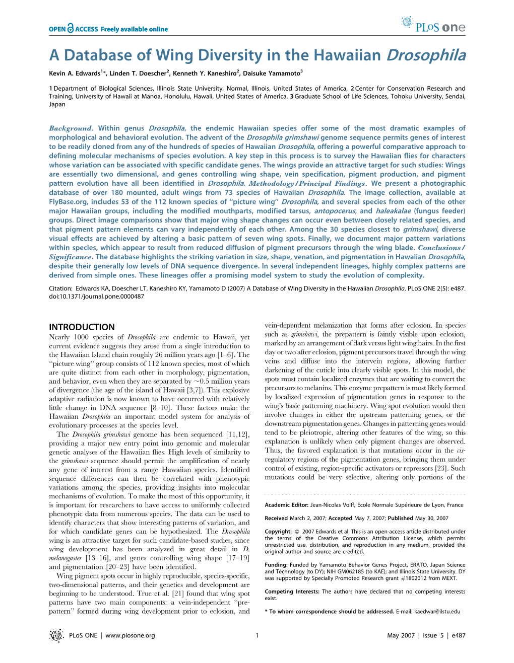 A Database of Wing Diversity in the Hawaiian Drosophila Kevin A