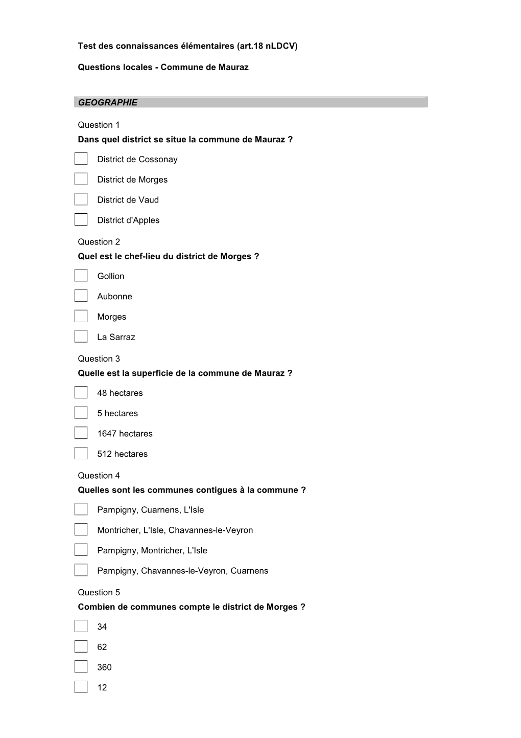 Test Des Connaissances Élémentaires Sans Réponses