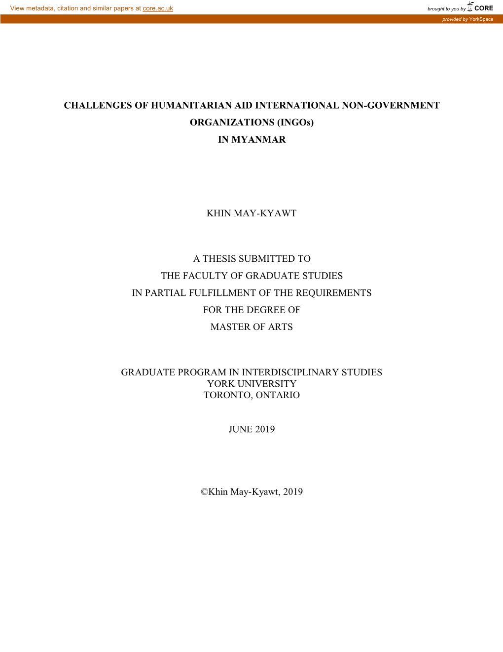 CHALLENGES of HUMANITARIAN AID INTERNATIONAL NON-GOVERNMENT ORGANIZATIONS (Ingos) in MYANMAR