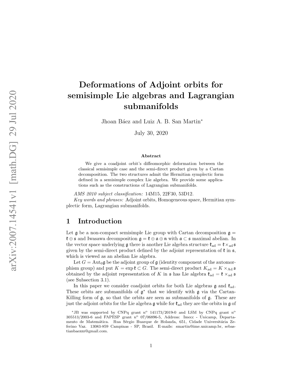 Deformations of Adjoint Orbits for Semisimple Lie Algebras and Lagrangian Submanifolds