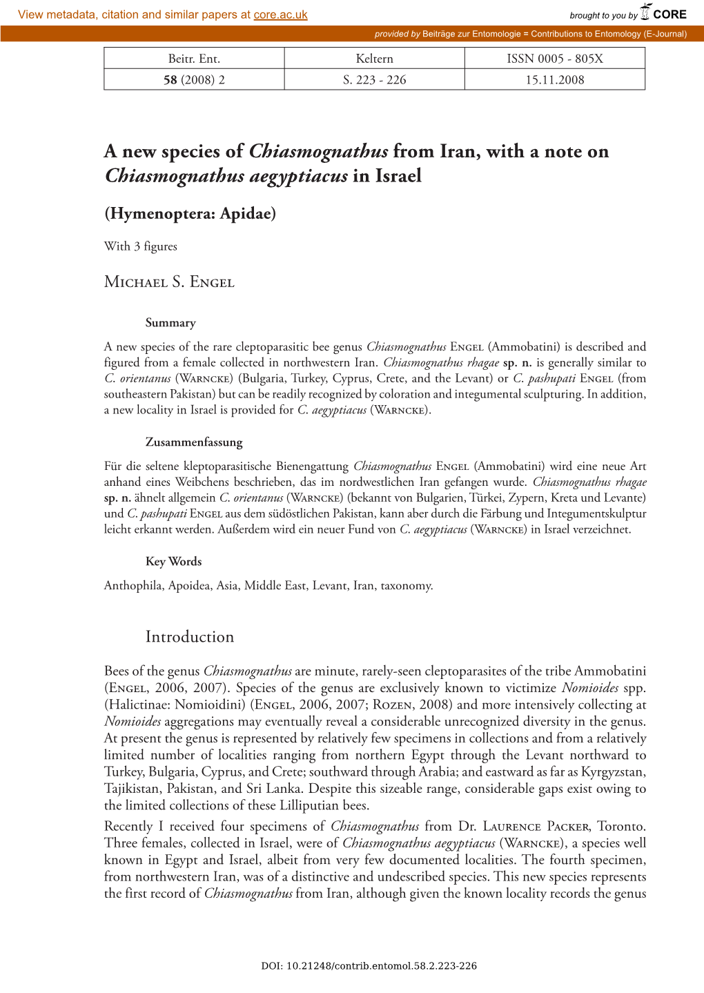 A New Species of Chiasmognathus from Iran, with a Note on Chiasmognathus Aegyptiacus in Israel