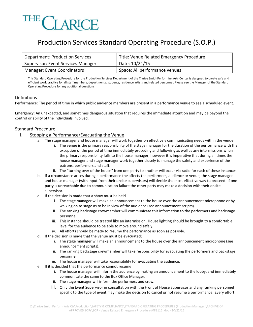 Production Services Standard Operating Procedure (S.O.P.)