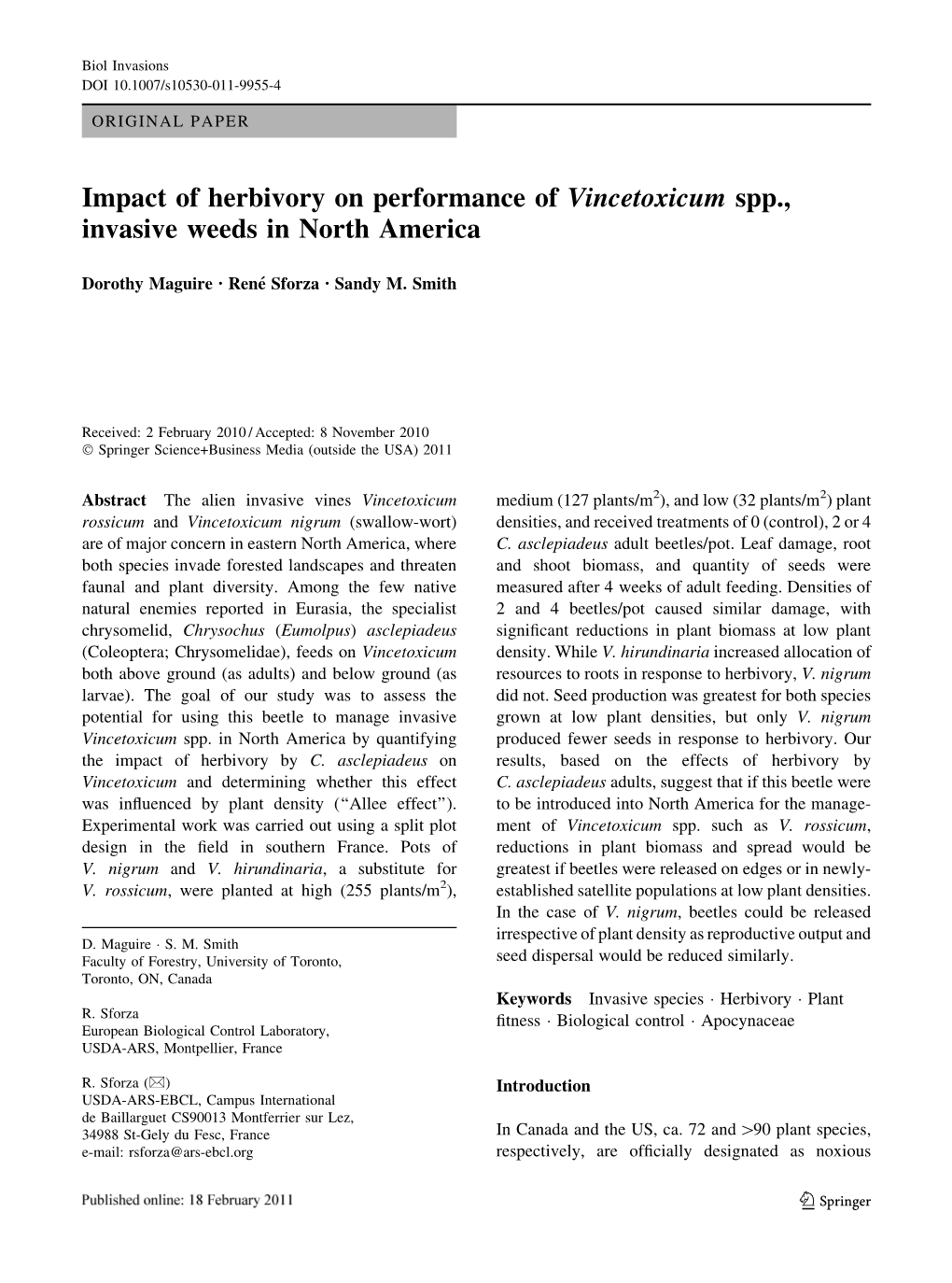 Impact of Herbivory on Performance of Vincetoxicum Spp., Invasive Weeds in North America