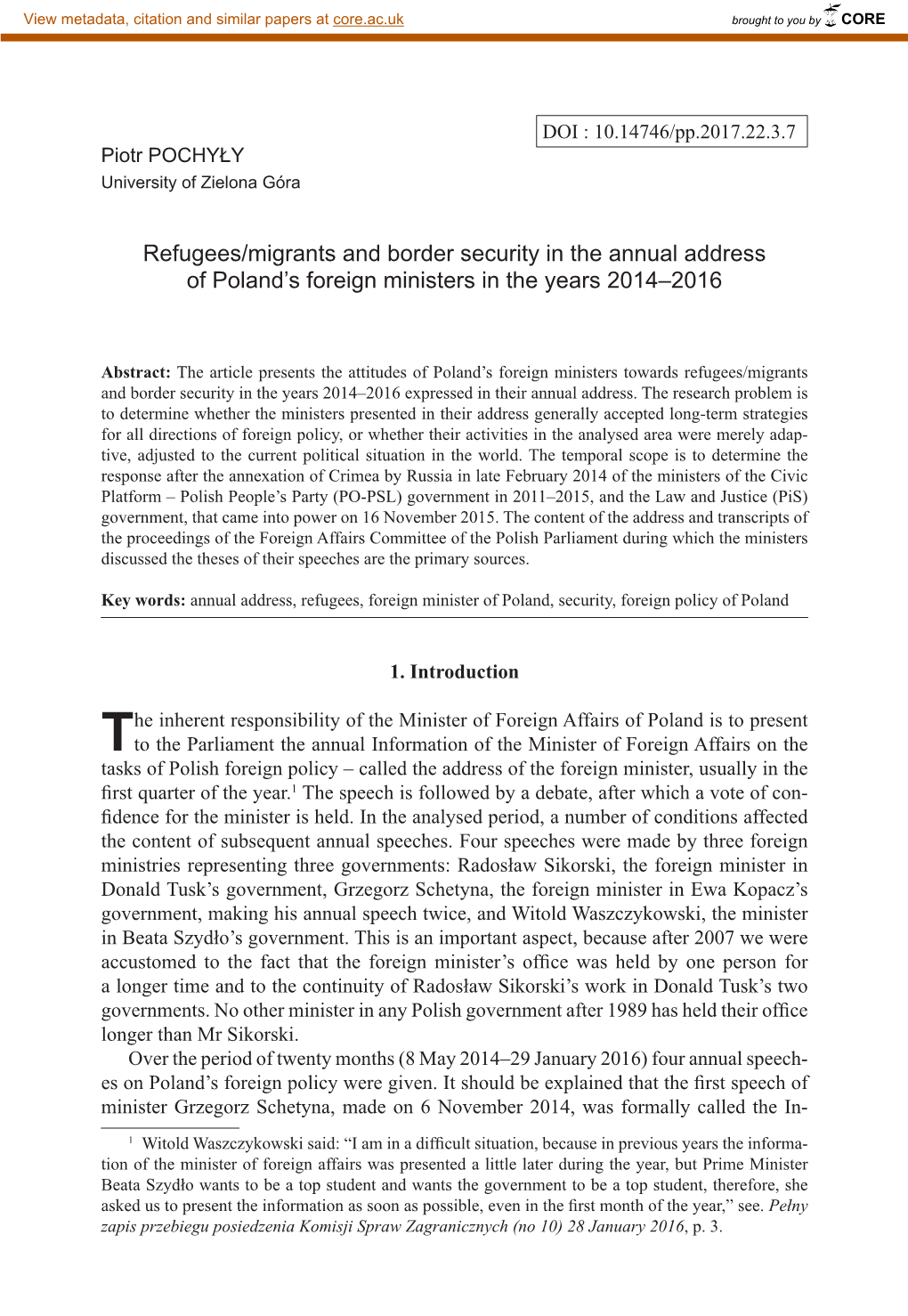 Refugees/Migrants and Border Security in the Annual Address of Poland’S Foreign Ministers in the Years 2014–2016