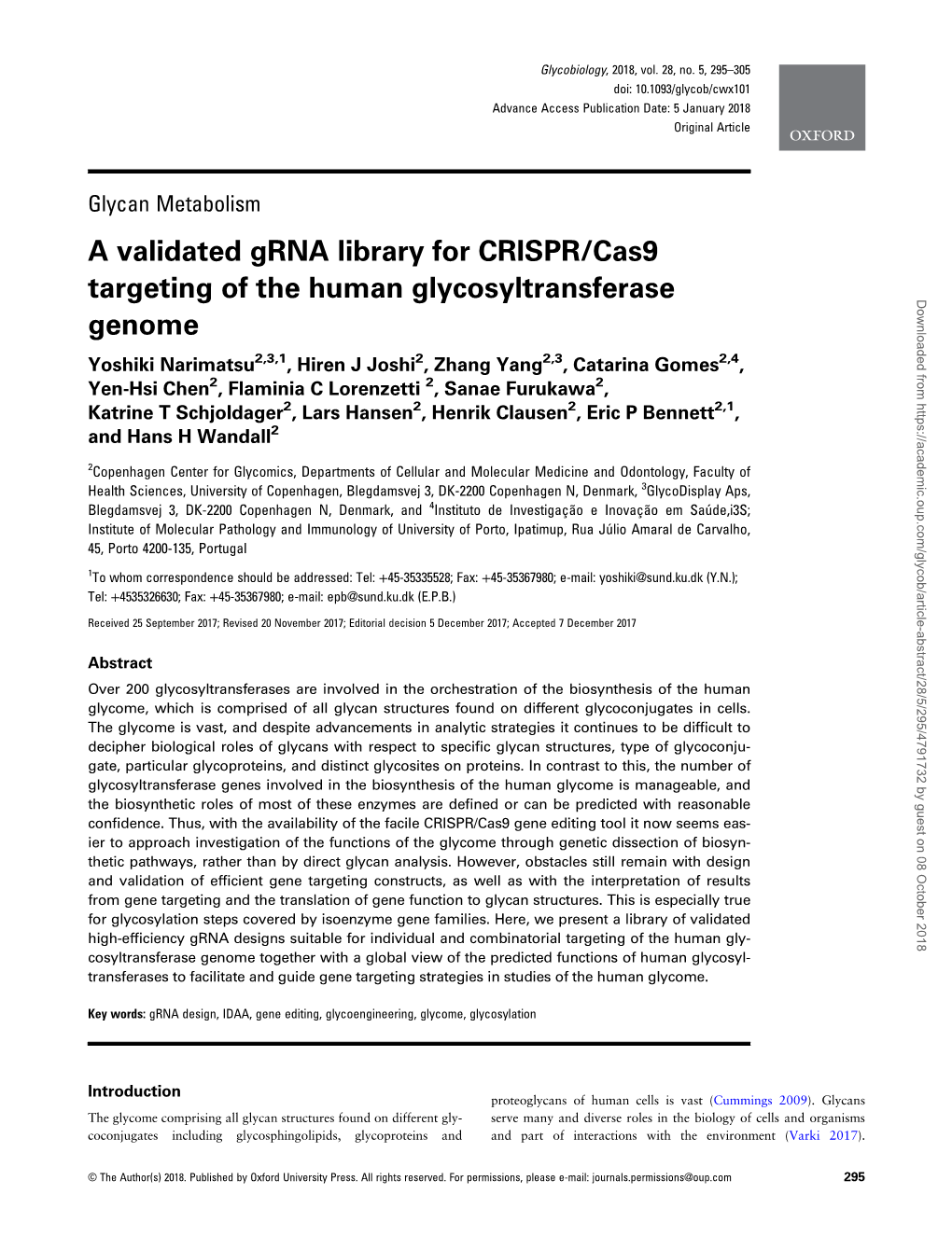 Glycan Metabolism a Validated Grna Library for CRISPR/Cas9