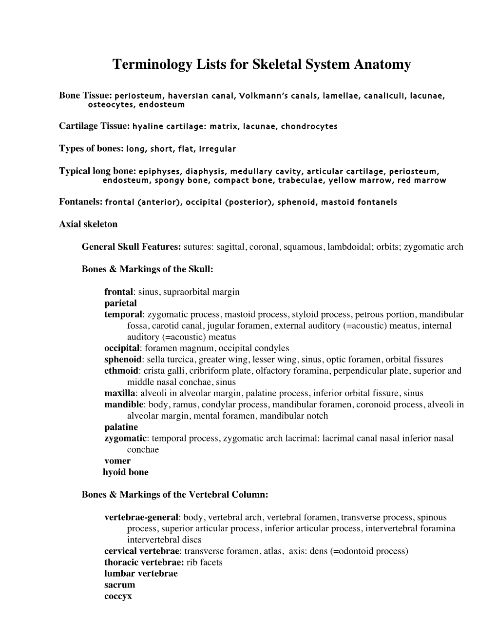 Terminology List for Skeleton