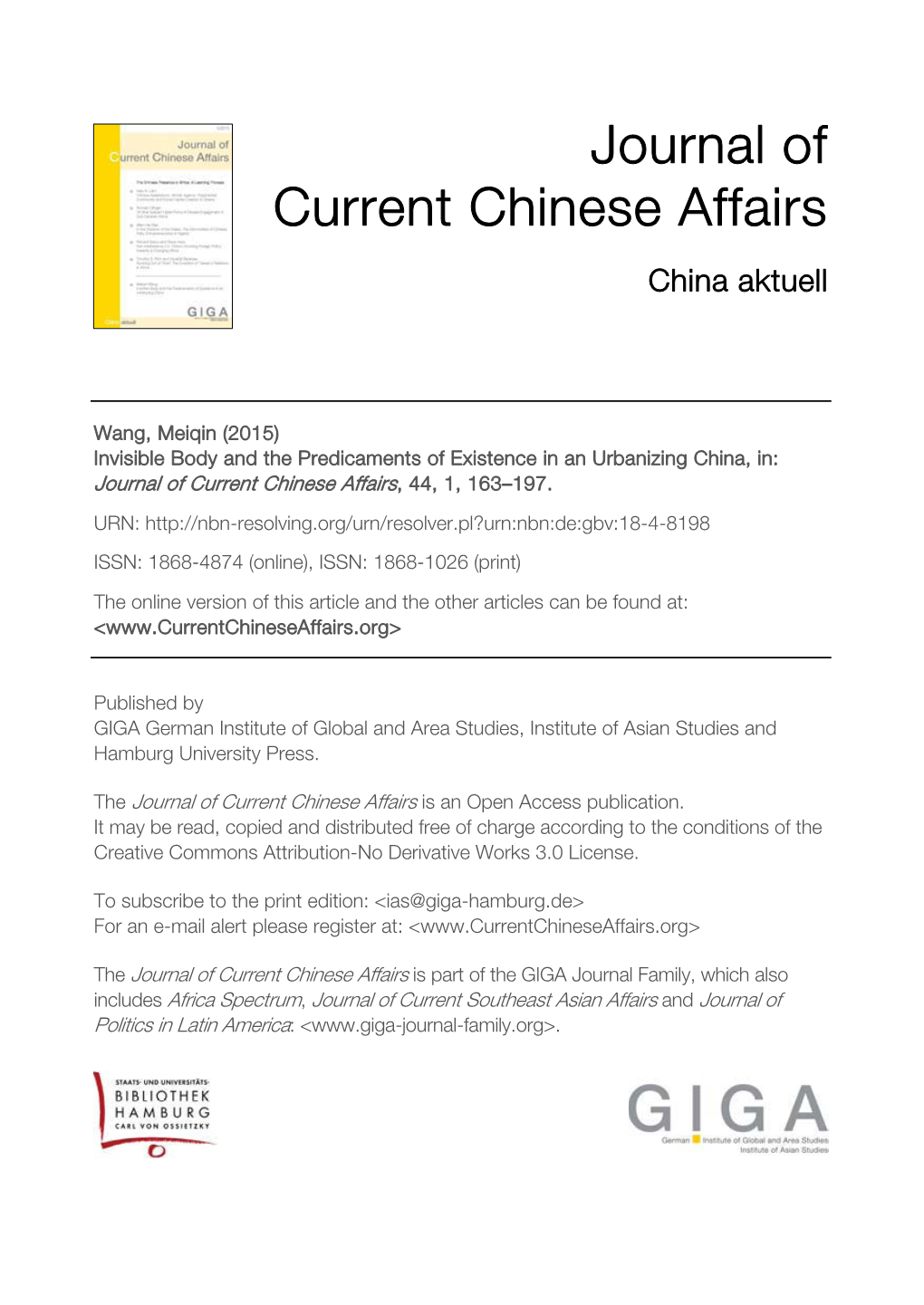 Invisible Body and the Predicaments of Existence in an Urbanizing China, In: Journal of Current Chinese Affairs, 44, 1, 163–197