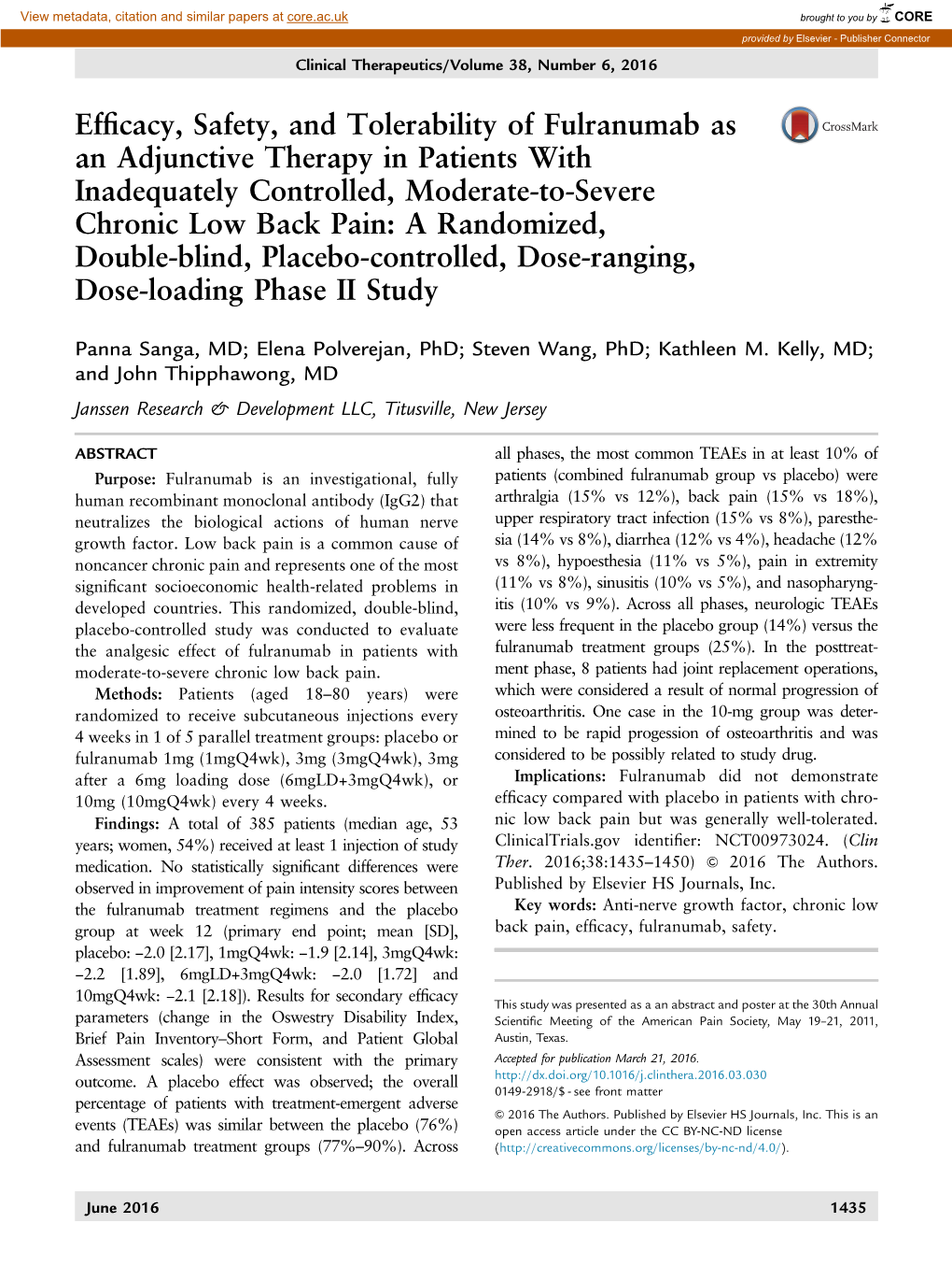 Efficacy, Safety, and Tolerability of Fulranumab As An