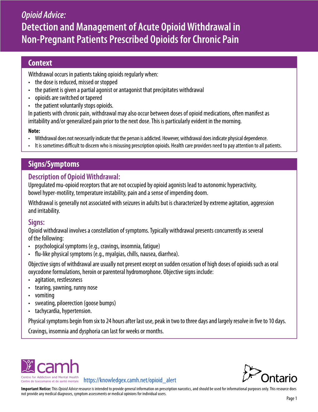 Detection and Management of Acute Opioid Withdrawal in Non-Pregnant Patients Prescribed Opioids for Chronic Pain