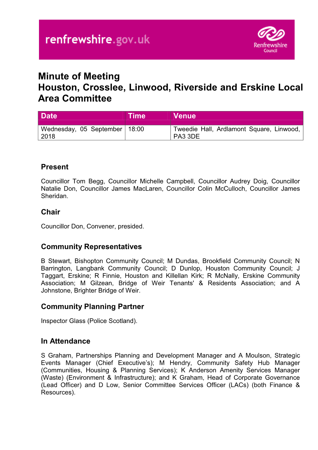 Minute of Meeting Houston, Crosslee, Linwood, Riverside and Erskine Local Area Committee