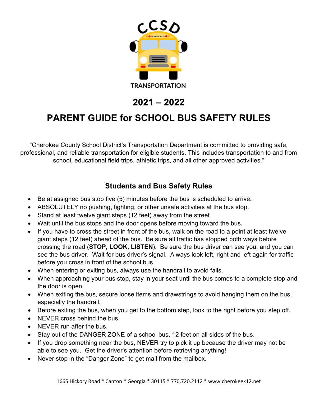 2021 – 2022 PARENT GUIDE for SCHOOL BUS SAFETY RULES