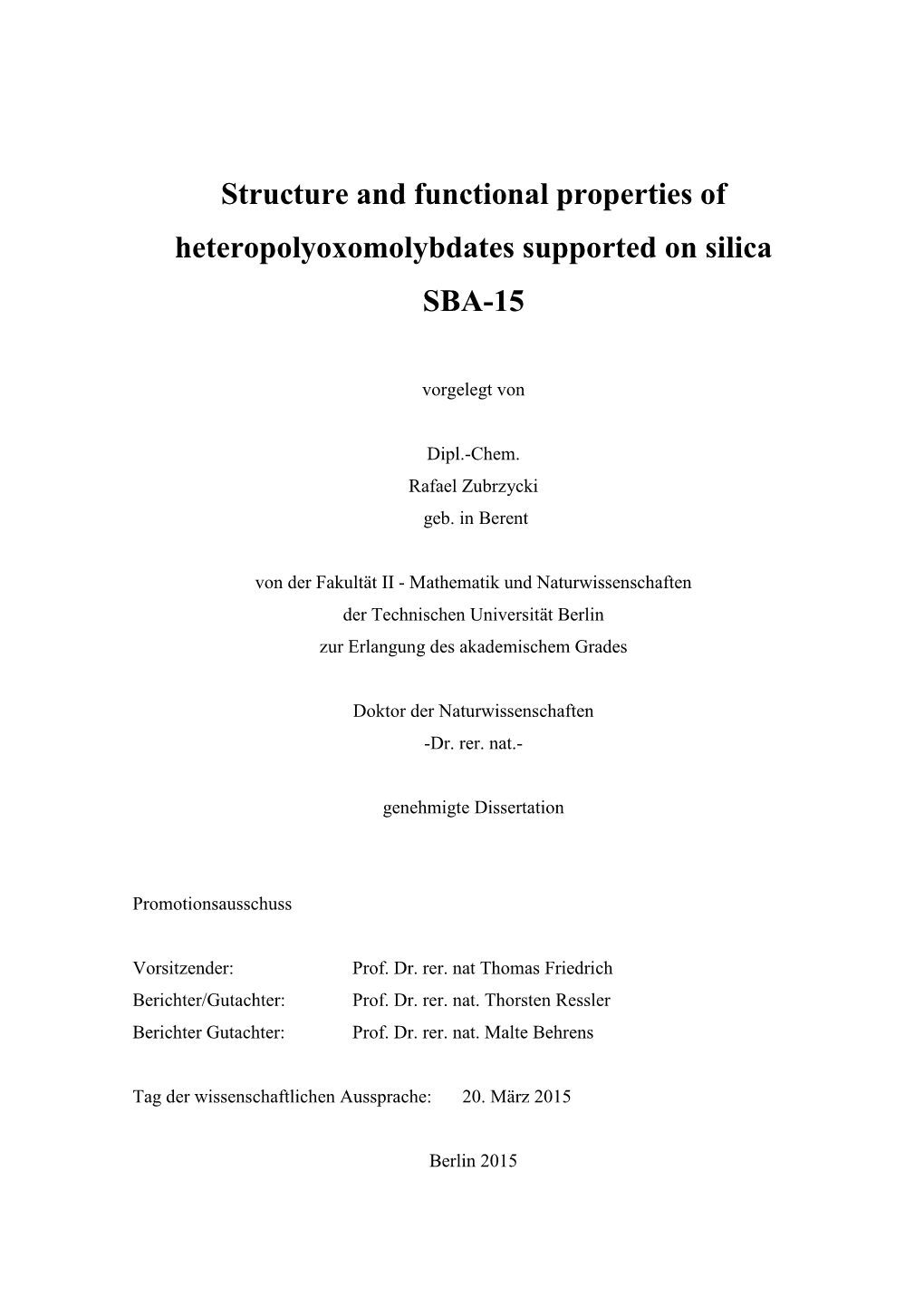 Structure and Functional Properties of Heteropolyoxomolybdates Supported on Silica SBA-15