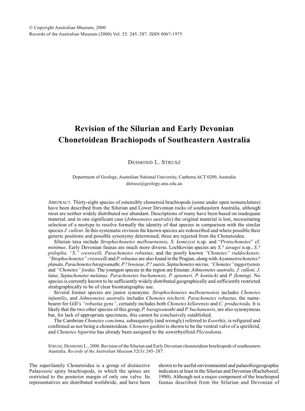 Revision of the Silurian and Early Devonian Chonetoidean Brachiopods of Southeastern Australia