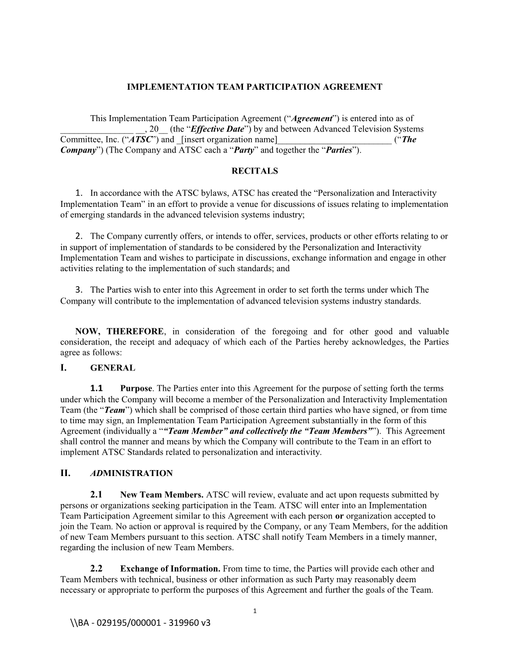 Implementation Team Participation Agreement