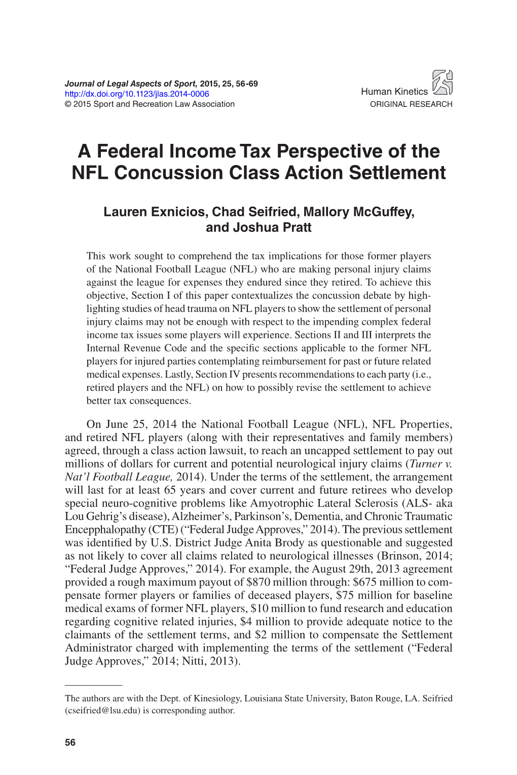 A Federal Income Tax Perspective of the NFL Concussion Class Action Settlement