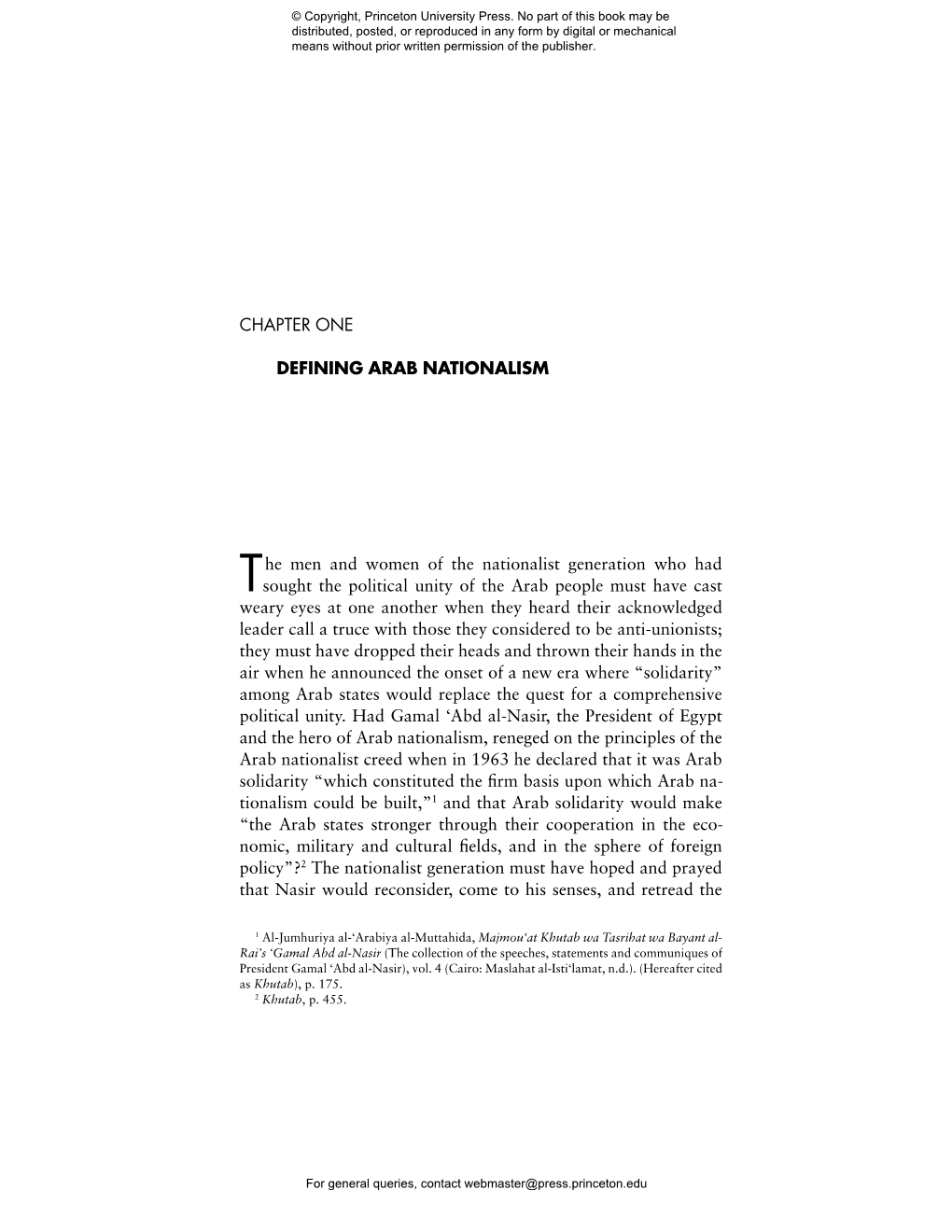 CHAPTER ONE DEFINING ARAB NATIONALISM the Men and Women of the Nationalist Generation Who Had Sought the Political Unity Of