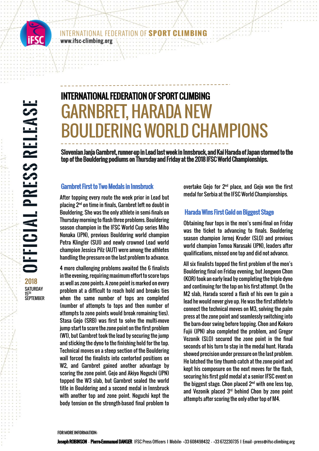 Garnbret, Harada New Bouldering World Champions