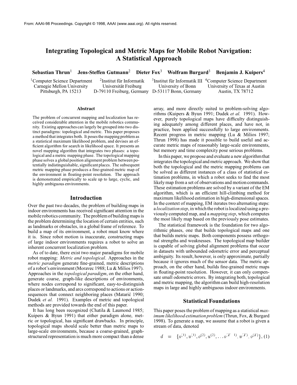 Integrating Topological and Metric Maps for Mobile Robot Navigation: a Statistical Approach