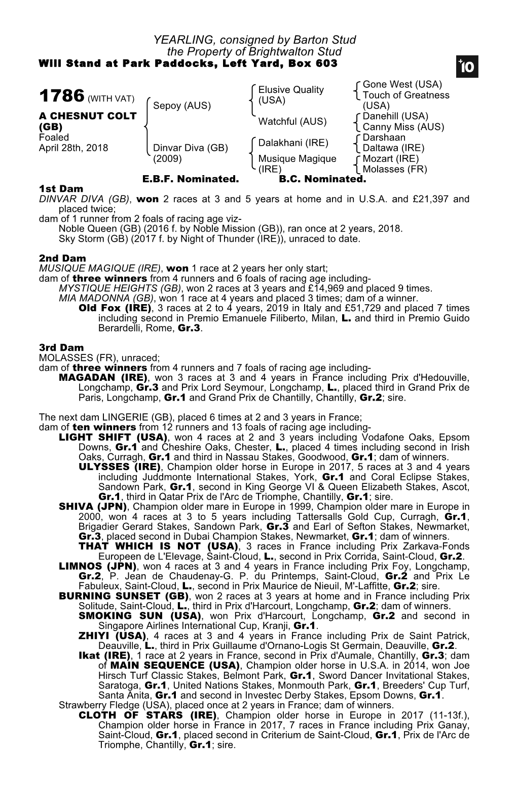 YEARLING, Consigned by Barton Stud the Property of Brightwalton Stud Will Stand at Park Paddocks, Left Yard, Box 603