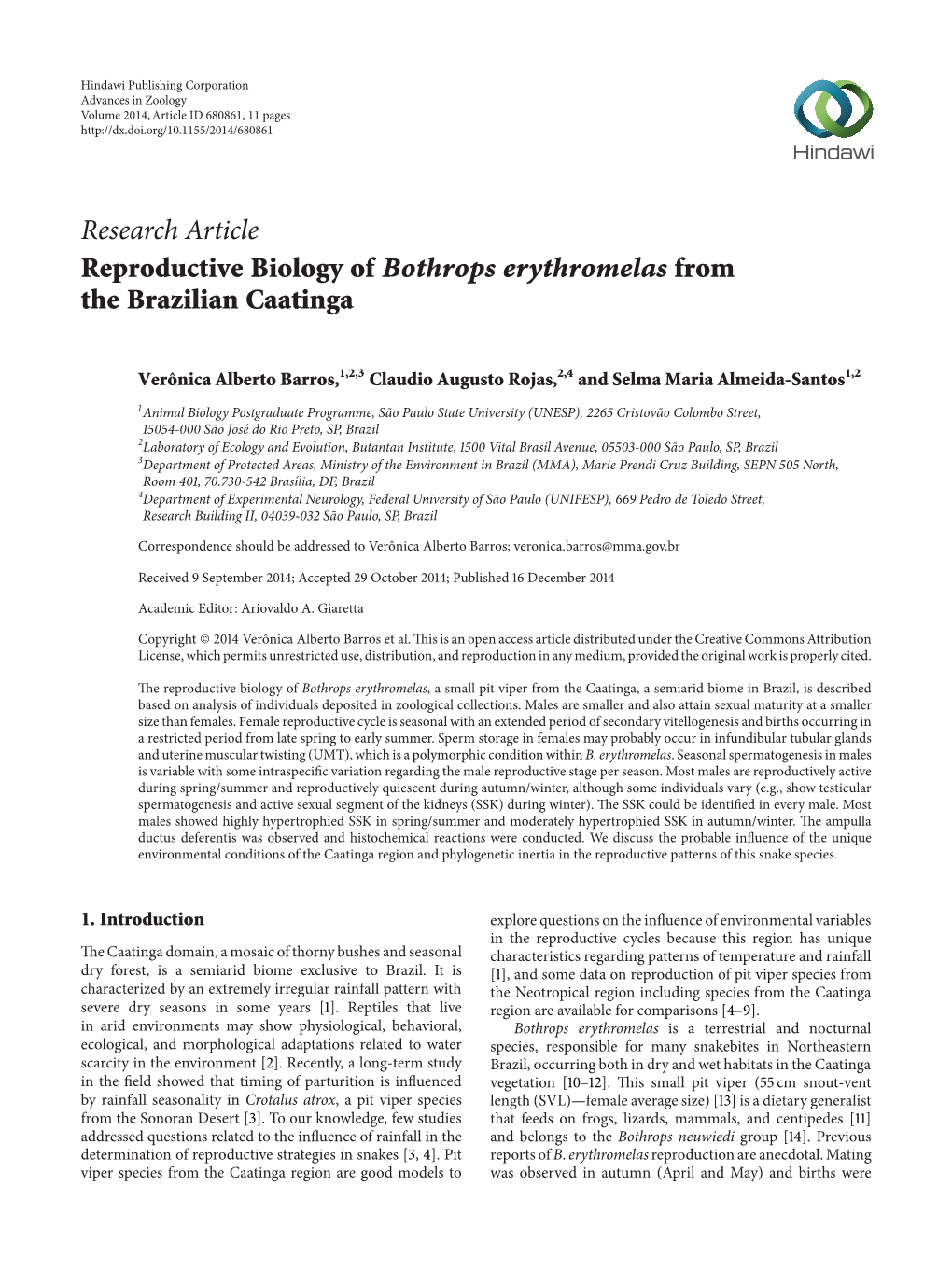 Reproductive Biology of Bothrops Erythromelas from the Brazilian Caatinga